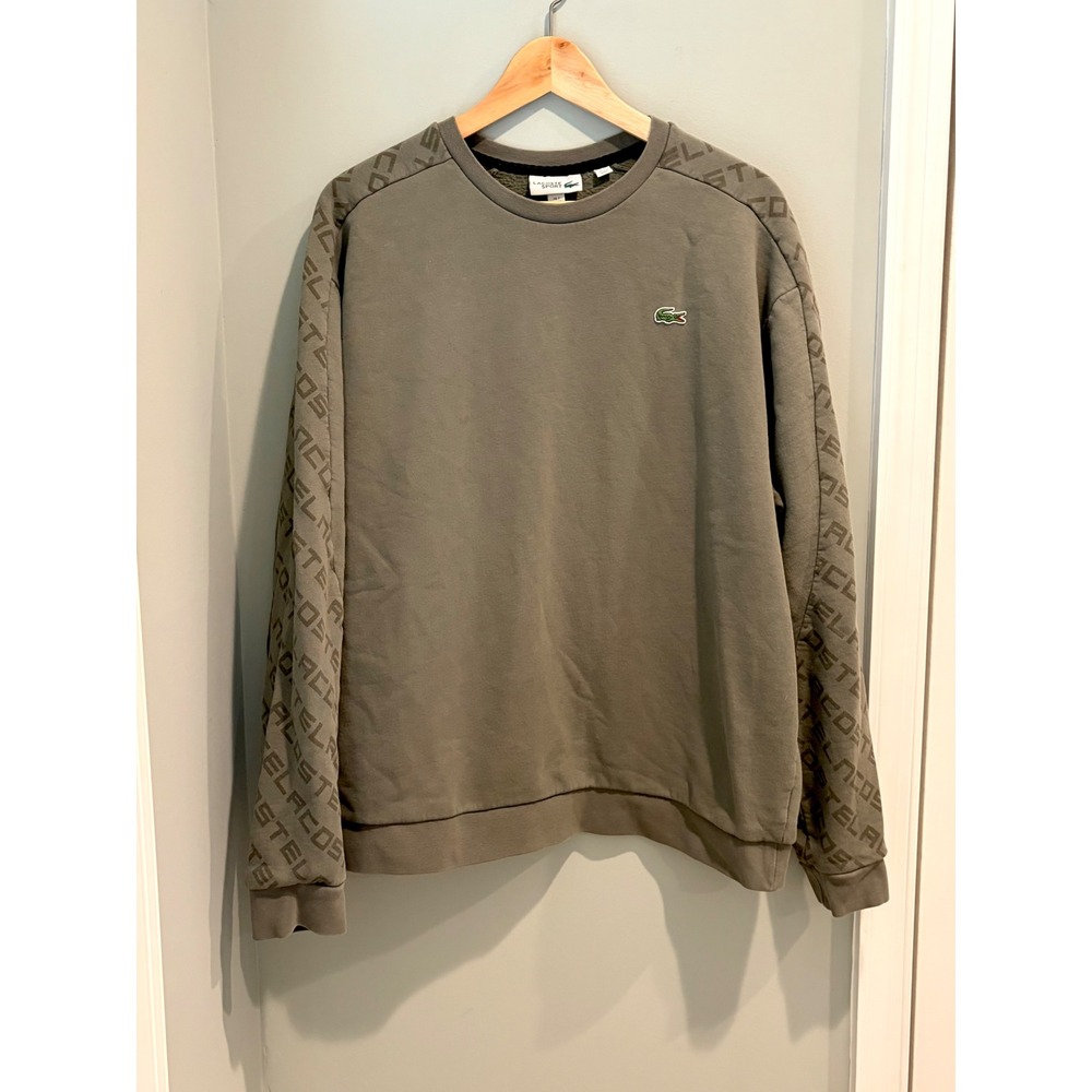 Lacoste Sport Mens XXL Olive Green Logo Tape Sleeve Fleece Crewneck Sweatshirt